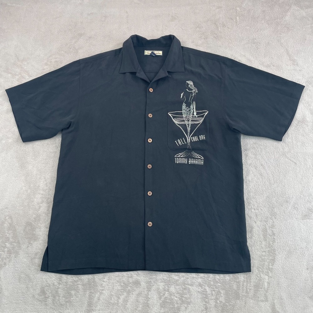 Tommy Bahama Tall Cool One Mermaid Drink Camp Shirt Medium Black Embroidered VTG